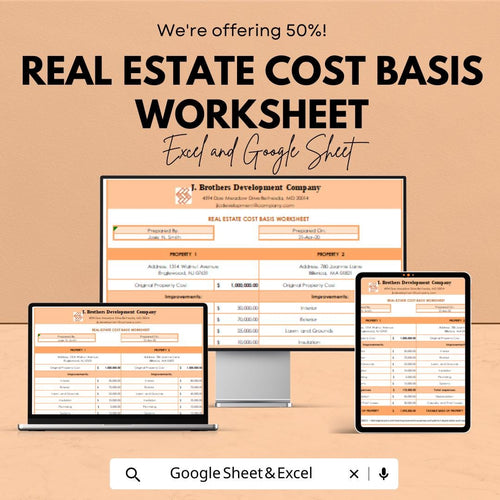 Real Estate Cost Basis Worksheet - Excel & Google Sheets Template for Tax and Financial Planning - Instant Download - 50% Off