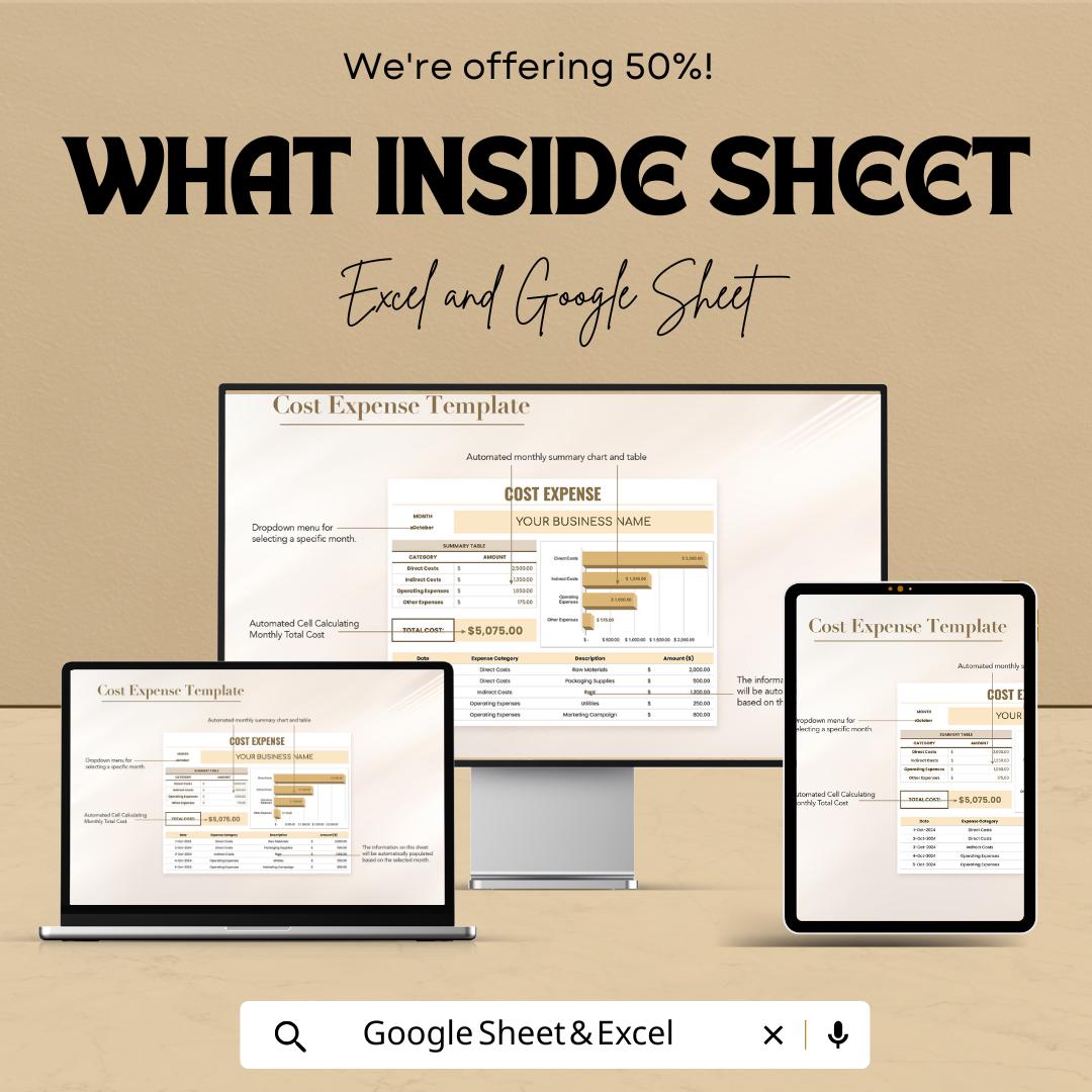 Cost Expense Sheet | Excel & Google Sheets | Monthly Expense Tracker | Customizable Budgeting Tool | Business Financial Planning Template