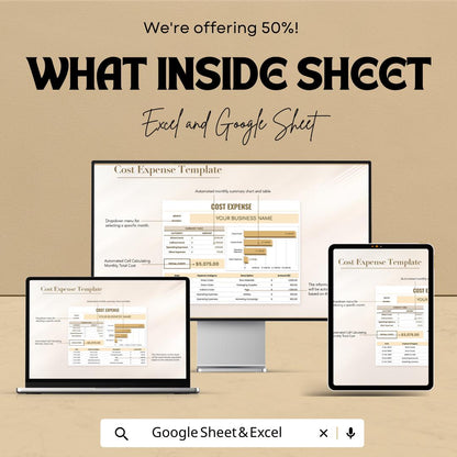 Cost Expense Sheet | Excel & Google Sheets | Monthly Expense Tracker | Customizable Budgeting Tool | Business Financial Planning Template