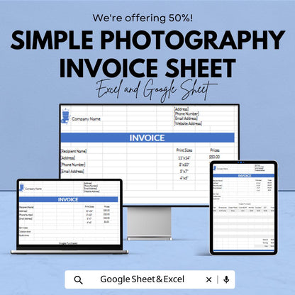 Simple Photography Invoice Template - Excel & Google Sheets, Professional Photography Billing, Customizable Invoice Sheet