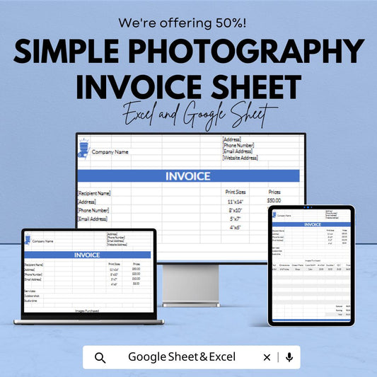Simple Photography Invoice Template - Excel & Google Sheets, Professional Photography Billing, Customizable Invoice Sheet