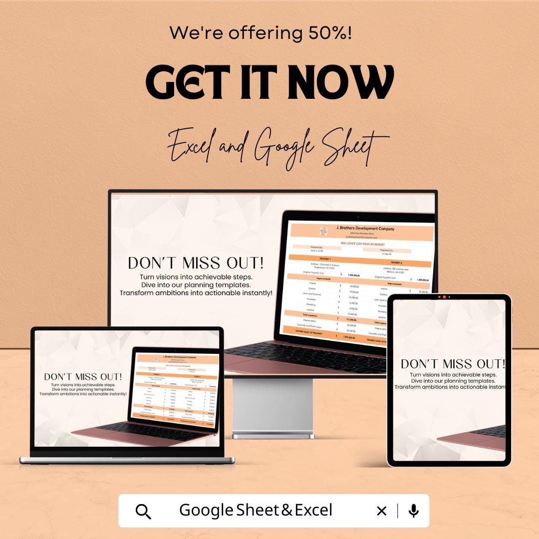 Real Estate Cost Basis Worksheet - Excel & Google Sheets Template for Tax and Financial Planning - Instant Download - 50% Off