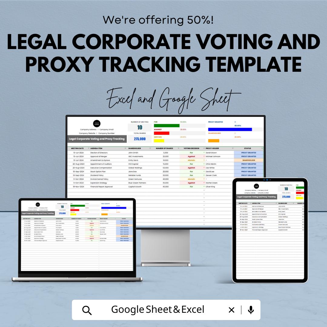 Corporate Voting Tracker Template, Proxy Tracking Spreadsheet, Shareholder Voting Log, Board Meeting Vote Tracker, Excel & Google Sheets
