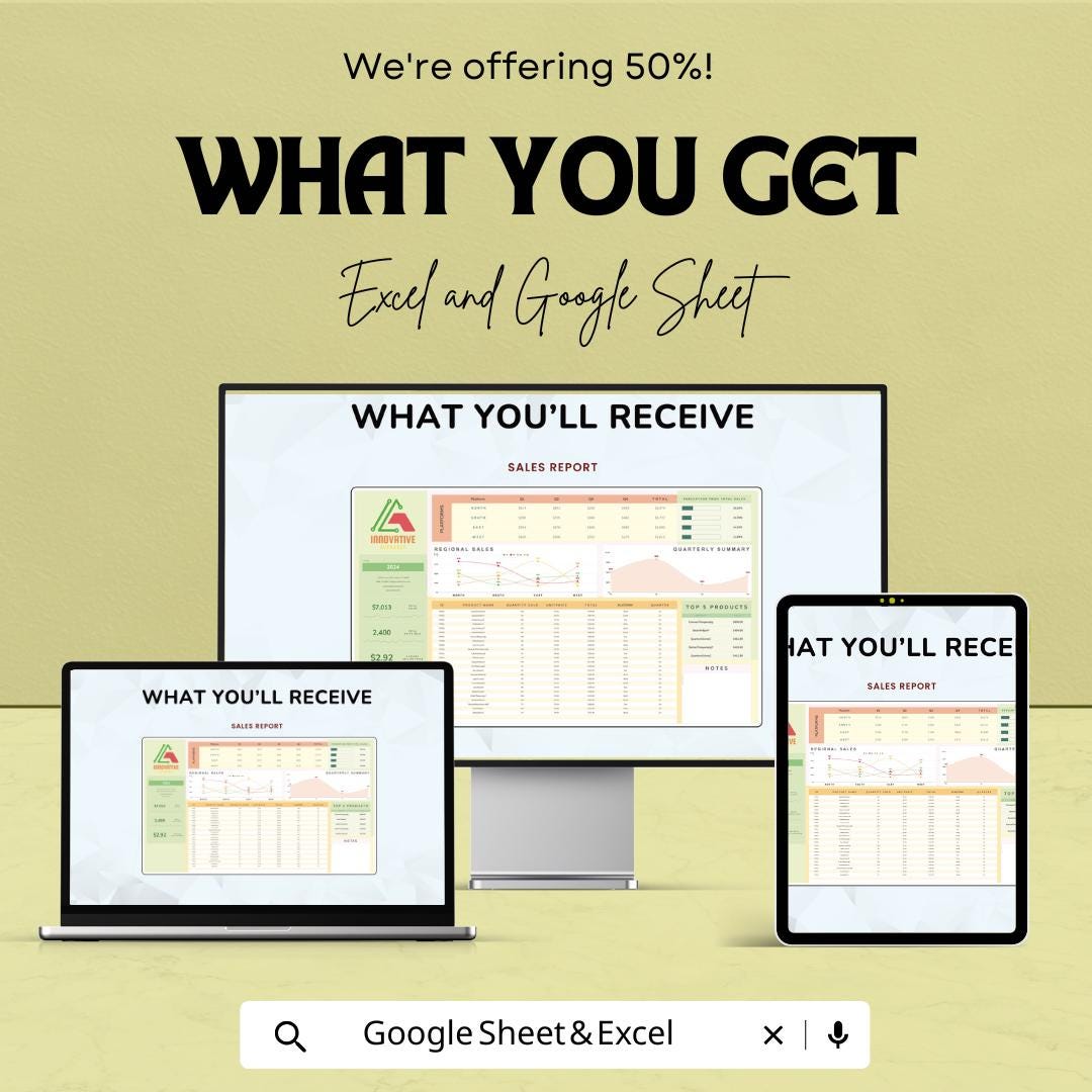 Product Sales Report Template | Sales Dashboard Spreadsheet | Revenue and Units Sold Tracker | Business Sales Analysis Template
