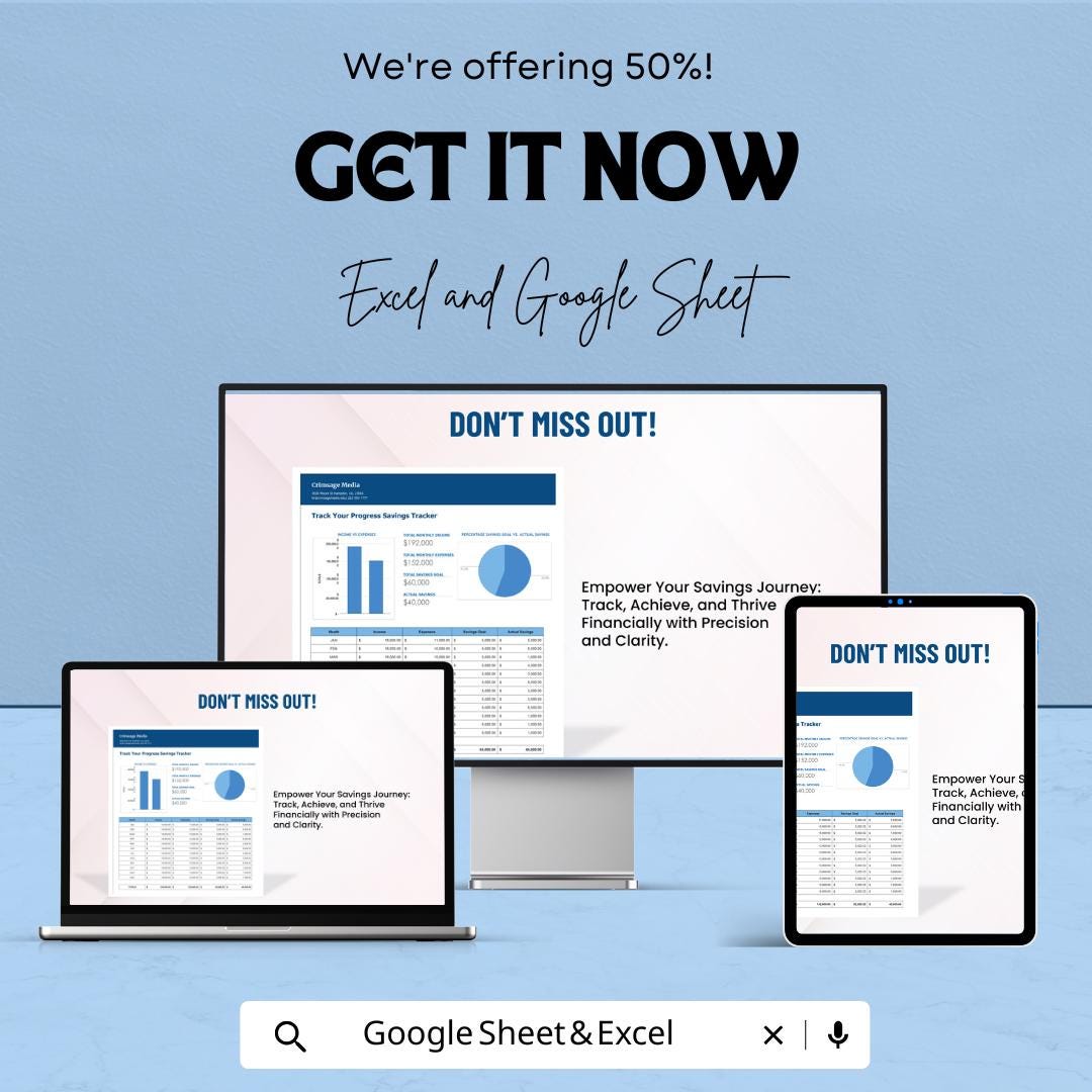 Track Your Progress Savings Tracker Sheet | Budgeting Tool | Financial Planner | Google Sheet & Excel Template