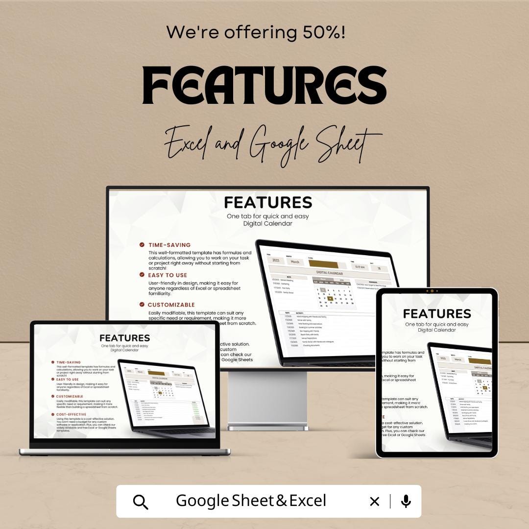 Digital Calendar Sheet | Excel and Google Sheets Template for Task Management, Scheduling & Tracking