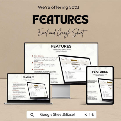 Digital Calendar Sheet | Excel and Google Sheets Template for Task Management, Scheduling & Tracking