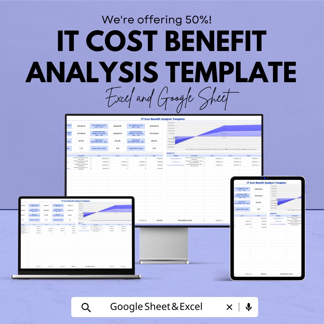 IT Cost Benefit Analysis Template | Google Sheets & Excel Financial Model | Project ROI Calculator | Business Cost Benefit Spreadsheet