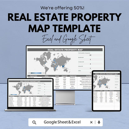 Real Estate Property Map Template, Property Location Tracker, Real Estate Portfolio Map, Property Database Sheet, Excel Google Sheets