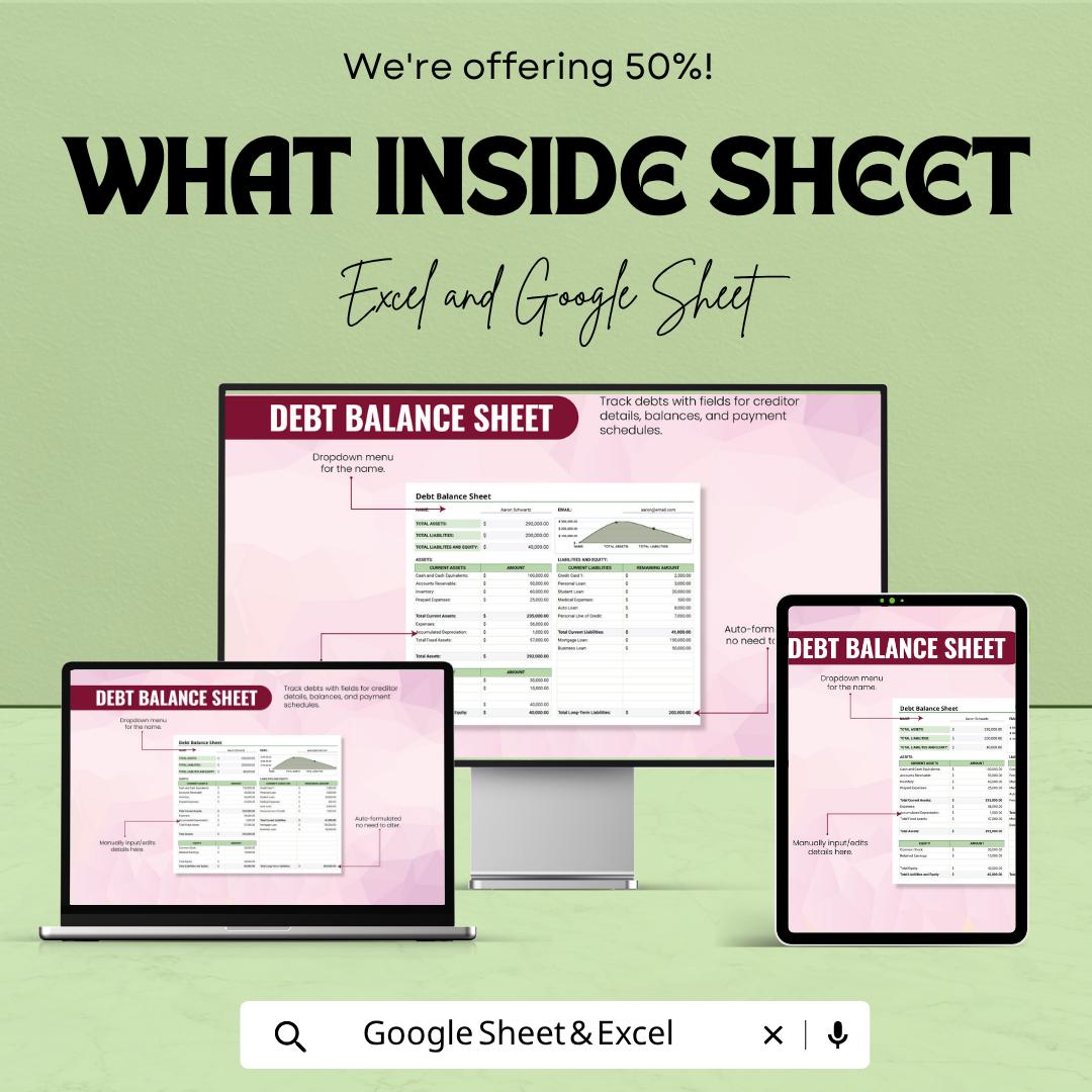 Debt Balance Sheet Template | Personal Finance Spreadsheet | Asset & Liability Tracker | Google Sheets | Financial Statement Planner
