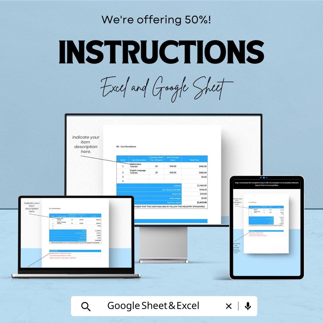 Blank Freelance Invoice Sheet - Excel & Google Sheets Template - Customizable Billing Template for Freelancers - 50% Off - Instant Download