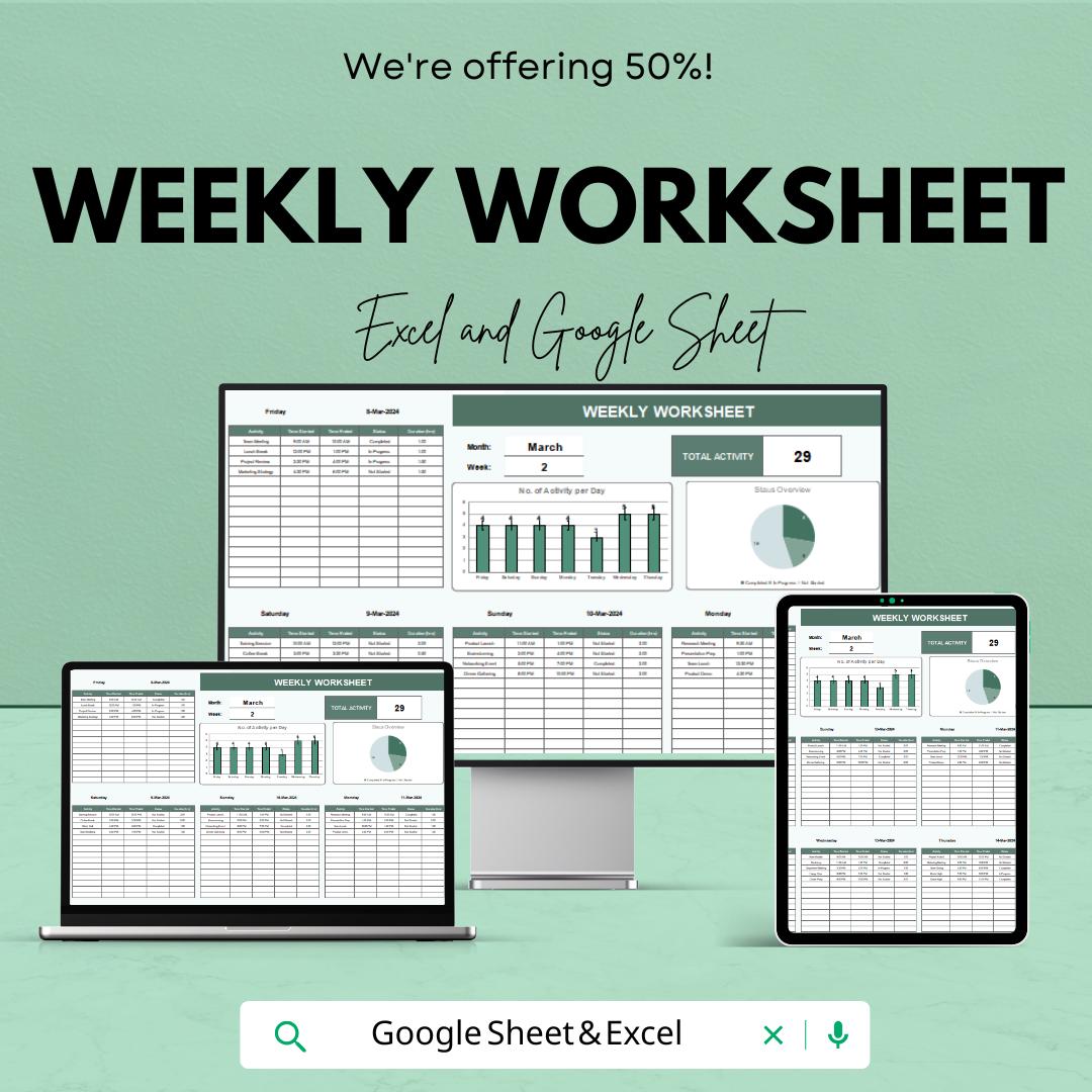 Weekly Worksheet for Excel and Google Sheets | Weekly Activity Planner | Task Tracker and Time Management Template