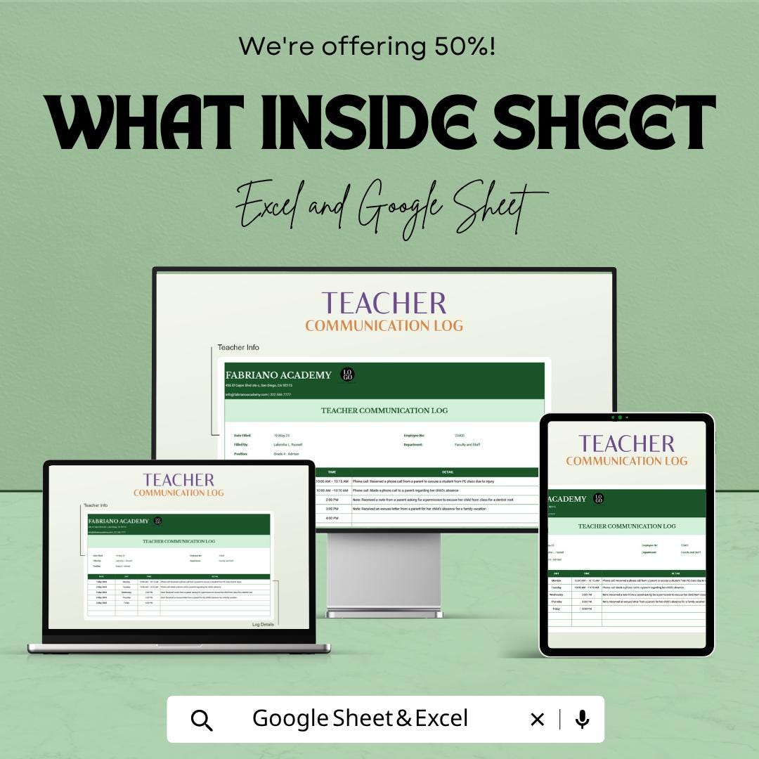 Teacher Communication Log Template | Parent Contact Tracker Spreadsheet | Teacher Communication Record | Excel & Google Sheets Template |