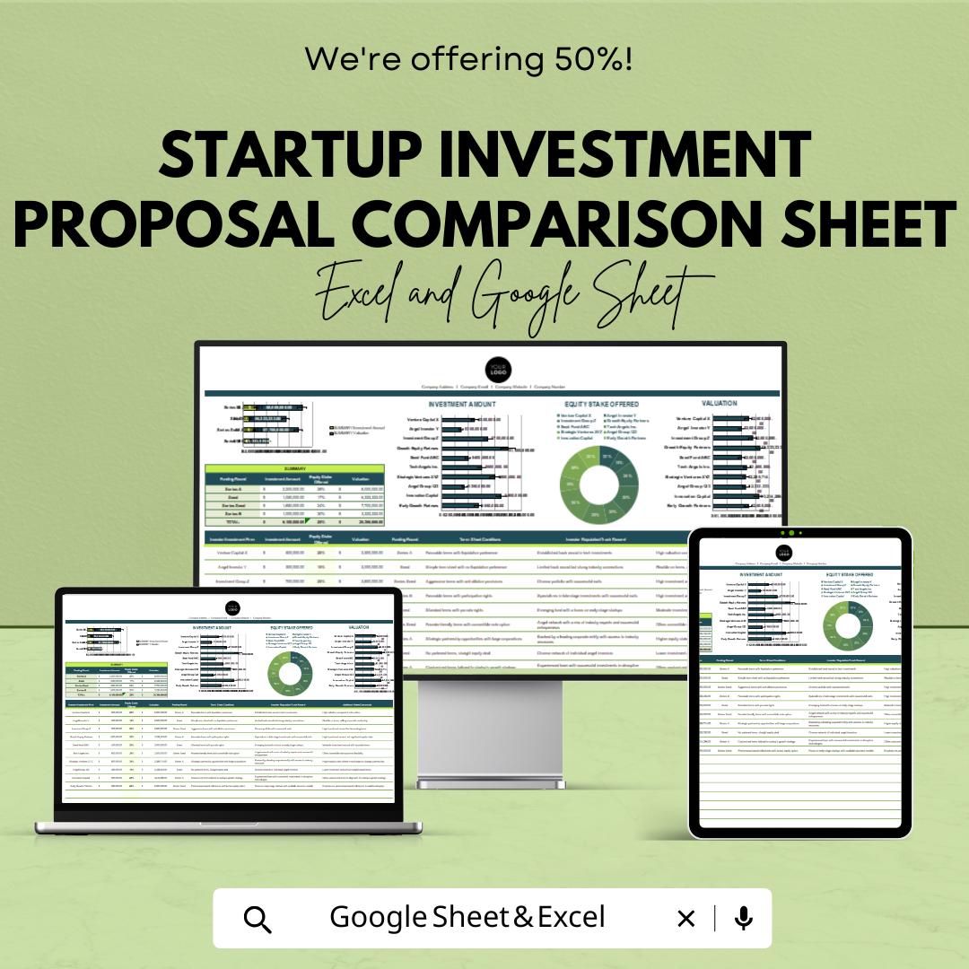 Startup Investment Proposal Comparison Sheet | Google Sheets & Excel | Investment Tracker | Proposal Scorecard | Startup Analysis Tool