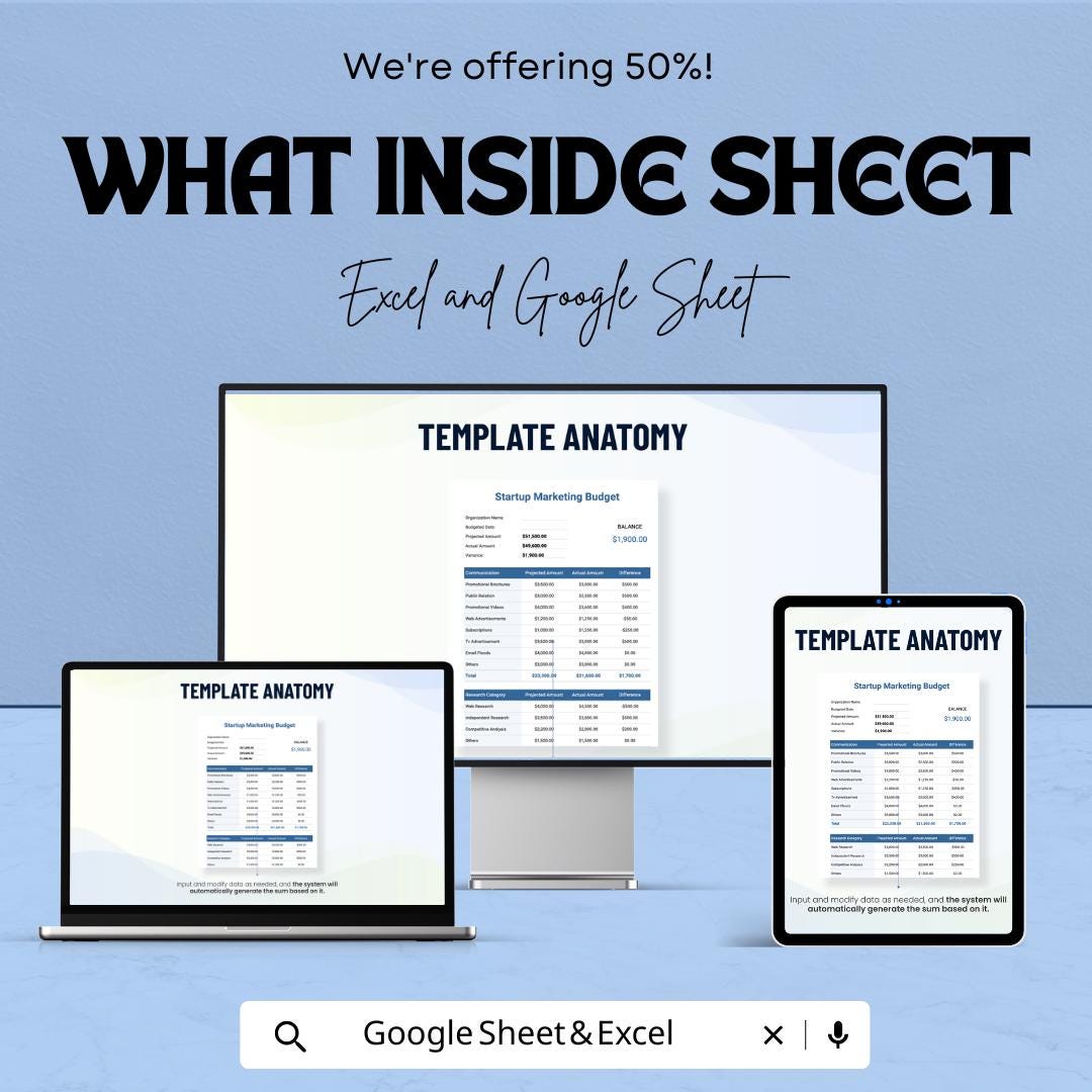 Startup Marketing Budget Sheet | Google Sheet & Excel Template for Budget Allocation, Expense Tracking, and ROI Analysis | Editable Business