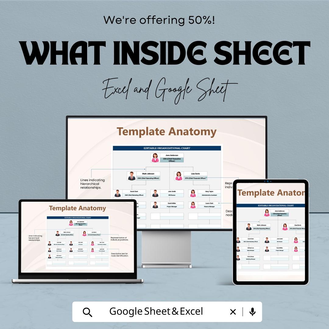Editable Organizational Chart Template - Excel & Google Sheets - Customize Your Company Structure, Visualize Roles and Hierarchy