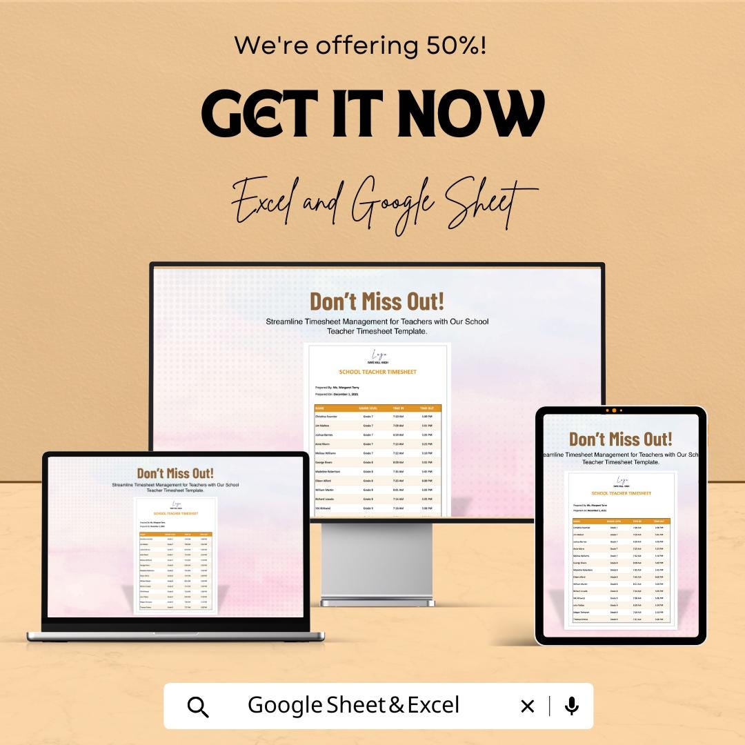 School Teacher Timesheet Template - Excel & Google Sheets - Teacher Work Hours Tracker - Daily Attendance Sheet - Customizable Time Log