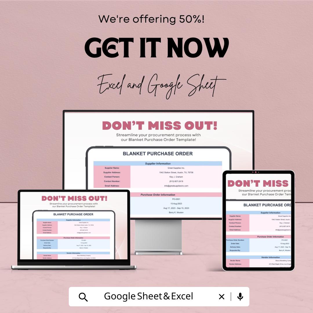 Blanket Purchase Order Sheet - Google Sheets & Excel - Purchase Order Management - Customizable Template