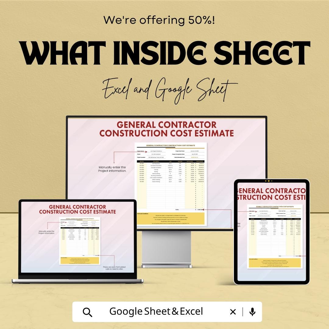 General Contractor Construction Cost Estimate Template | Construction Bid Spreadsheet | Contractor Cost Estimator | Excel & Google Sheets |