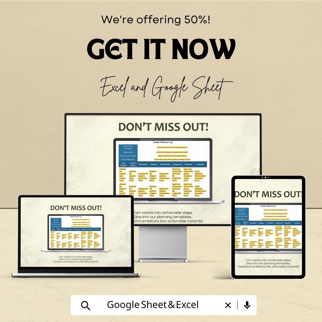 Simple Software Log Template | Excel & Google Sheets | Bug Tracker | Project Management Spreadsheet | Issue Tracking Log | Digital Download