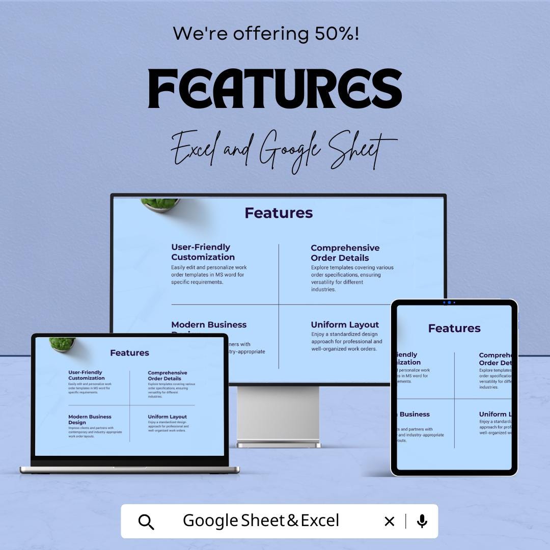 Sample Work Order Template | Service Invoice Sheet | Editable Excel & Google Sheets Work Order | Business Work Request Form