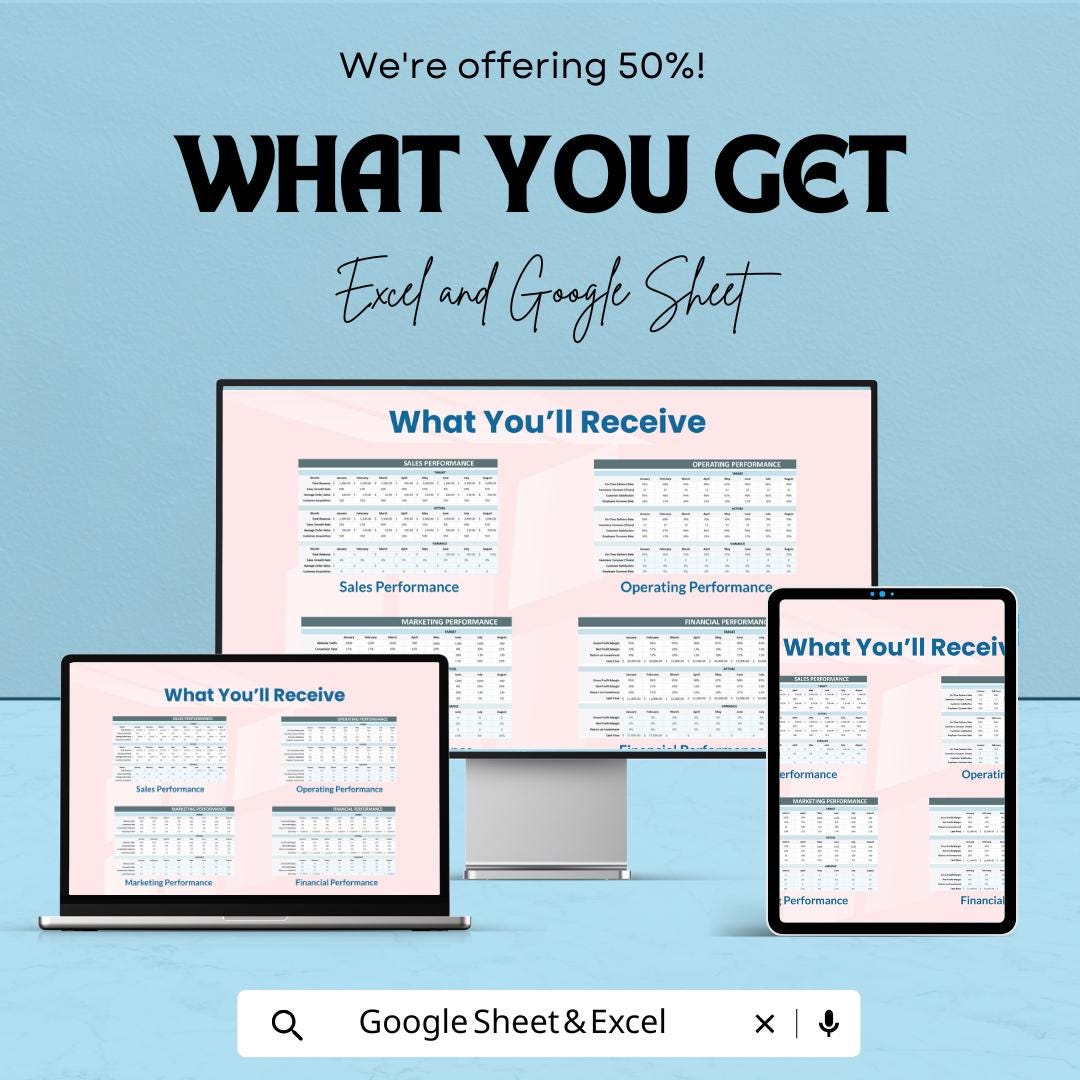 KPI Performance Sheet | Excel & Google Sheets Dashboard for Tracking Key Metrics | Business Performance, and Growth