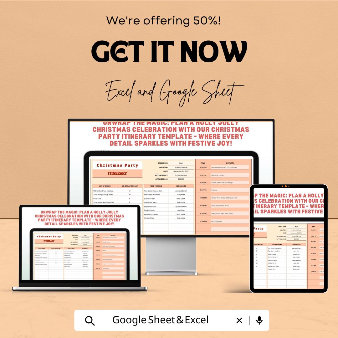 Christmas Party Itinerary Sheet – Plan Your Festive Event | Editable Excel & Google Sheets Template | Customizable Christmas Party Planner
