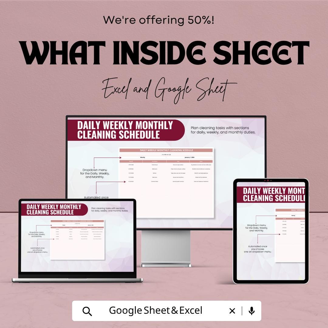 Daily Weekly Monthly Cleaning Schedule Template | Cleaning Checklist Spreadsheet | House Cleaning Planner | Excel & Google Sheets |