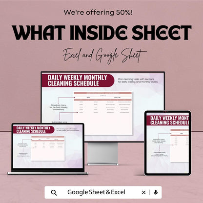 Daily Weekly Monthly Cleaning Schedule Template | Cleaning Checklist Spreadsheet | House Cleaning Planner | Excel & Google Sheets |