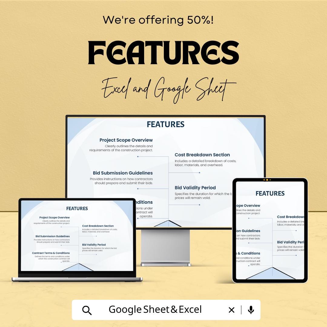 Construction Bid Sheet Template for Projects | Excel & Google Sheets | 50% OFF