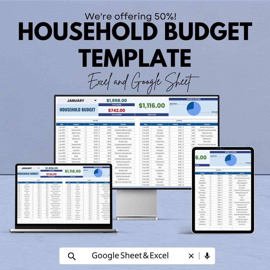 Household Budget Template Excel Google Sheets | Monthly Family Budget Planner | Expense Tracker Spreadsheet | Bill Organizer