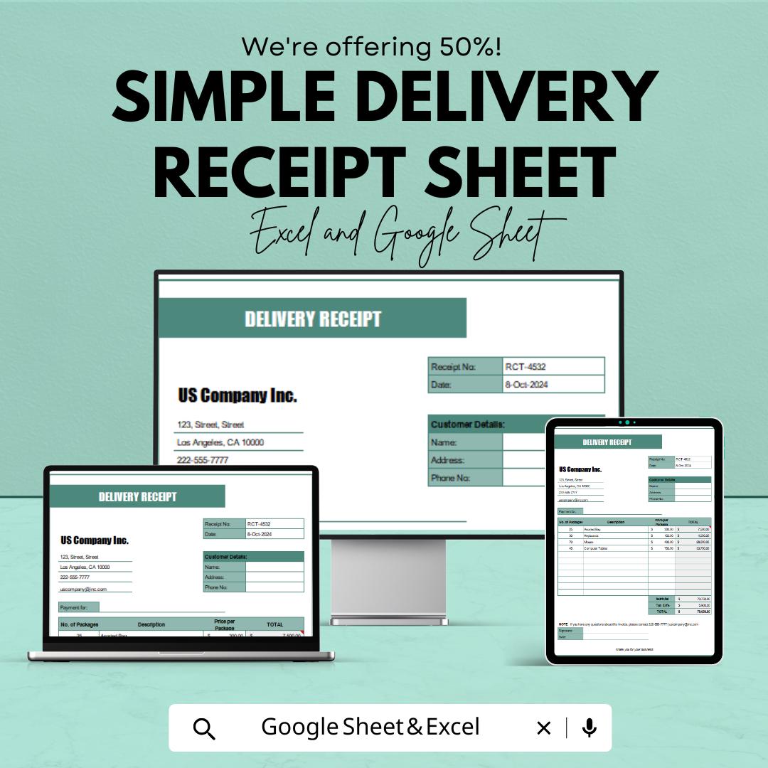 Simple Delivery Receipt Sheet – Excel & Google Sheets, 50% OFF – Track Deliveries, Itemized List, Payment Confirmation, Editable Template