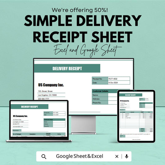Simple Delivery Receipt Sheet – Excel & Google Sheets, 50% OFF – Track Deliveries, Itemized List, Payment Confirmation, Editable Template