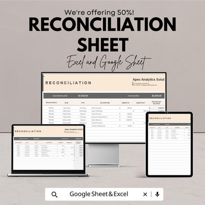 Reconciliation Sheet Template – Editable Excel & Google Sheet | Financial Reconciliation Tracker | Instant Download
