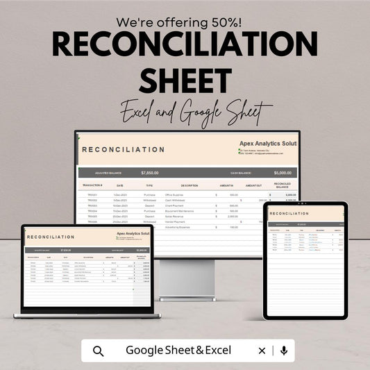 Reconciliation Sheet Template – Editable Excel & Google Sheet | Financial Reconciliation Tracker | Instant Download