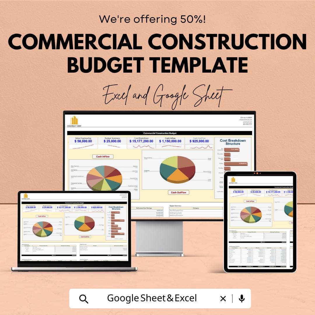 Commercial Construction Budget Template | Construction Cost Estimator | Project Budget Spreadsheet | Excel & Google Sheets