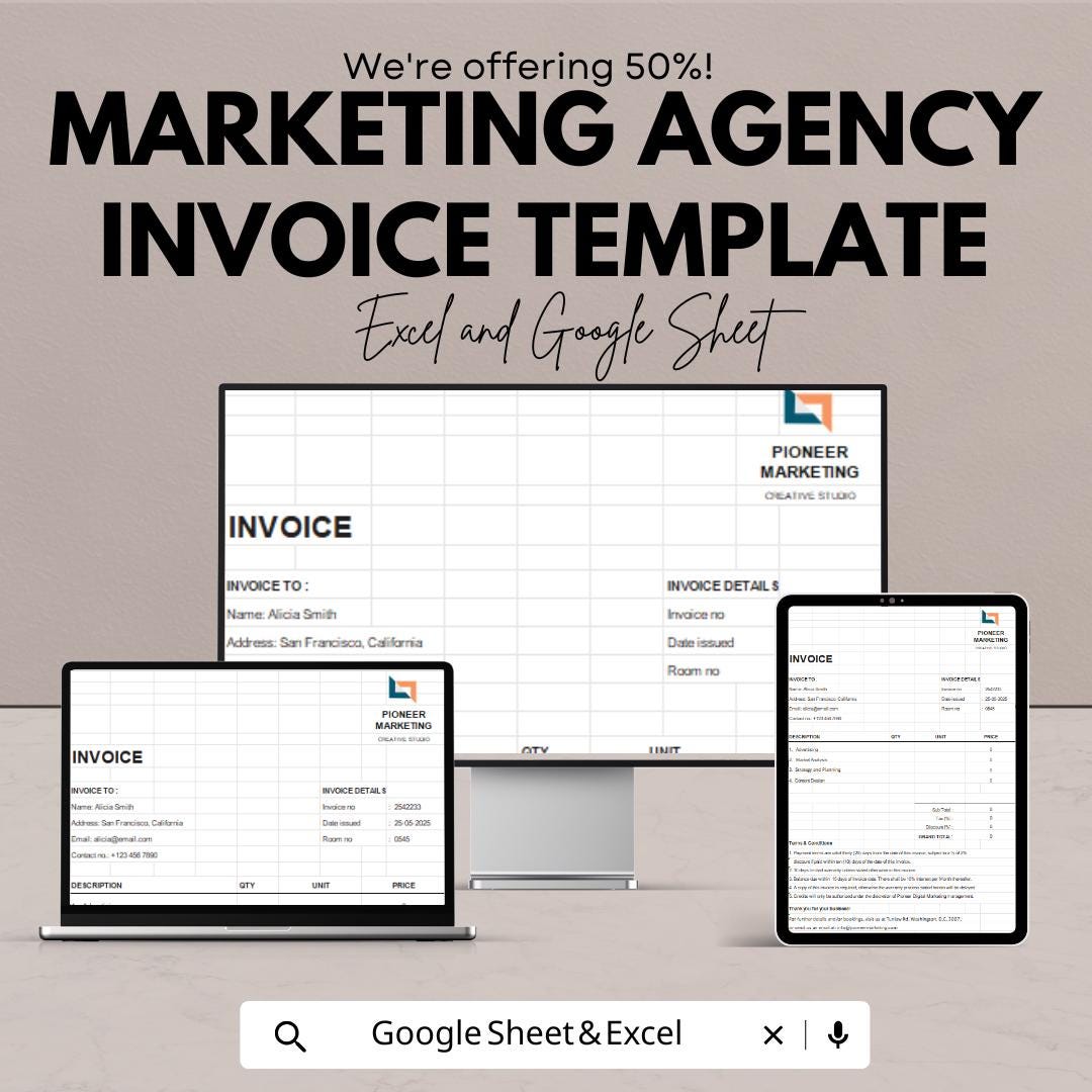 Marketing Agency Invoice Template | Editable Business Billing Template | Freelancer Invoice Sheet | Digital Invoice Tracker