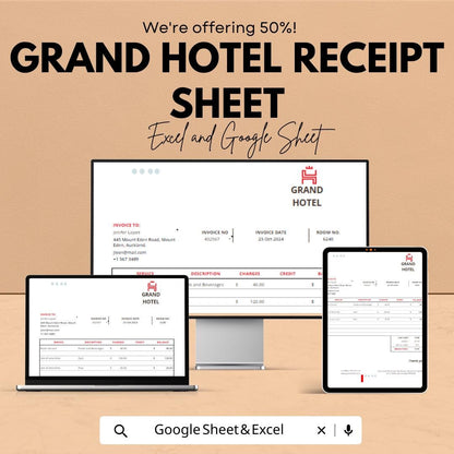 Grand Hotel Receipt Template | Editable Invoice Sheet for Hotels | Excel & Google Sheets | Instant Download
