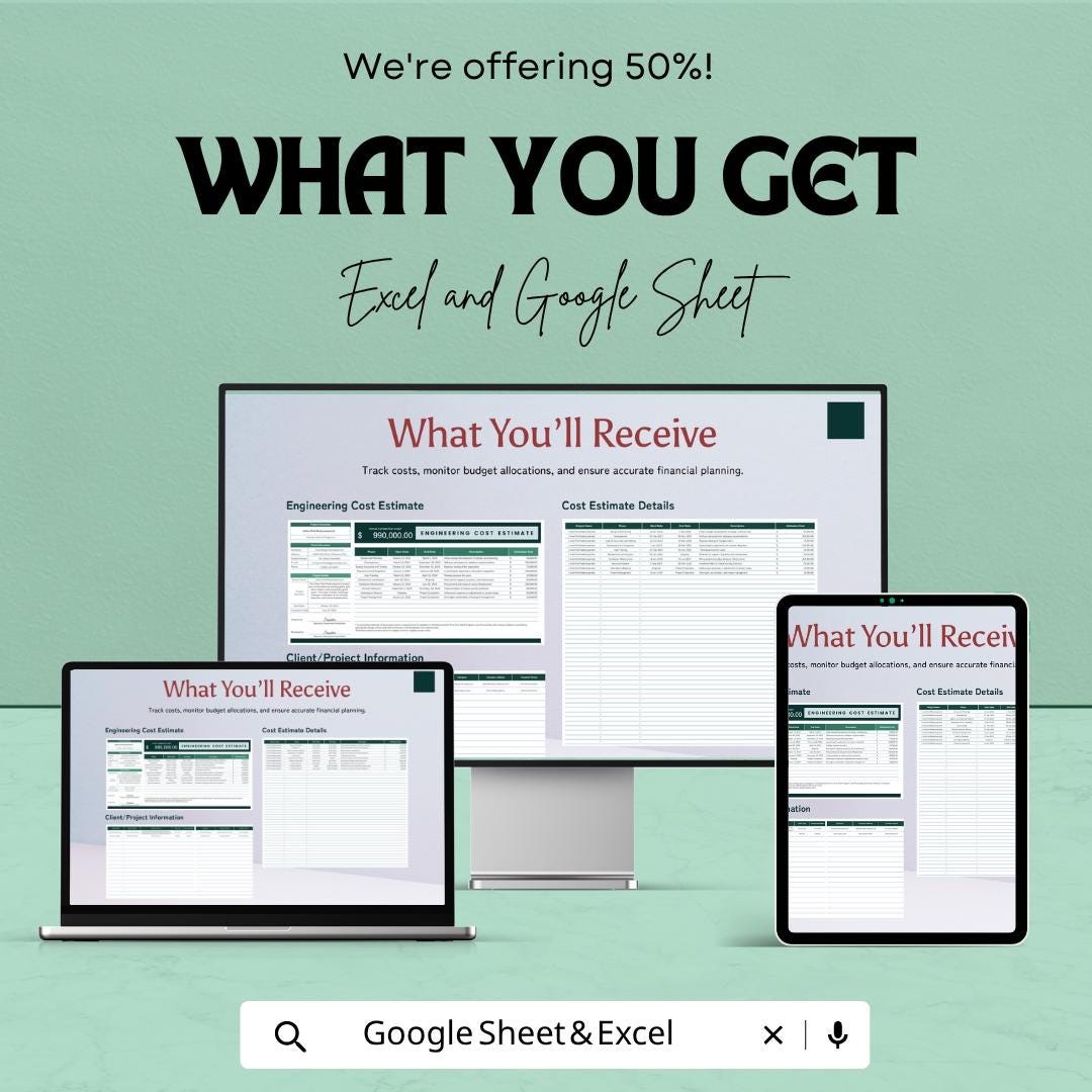 Engineering Cost Estimate Template | Project Cost Spreadsheet | Construction Budget Template | Excel & Google Sheets |