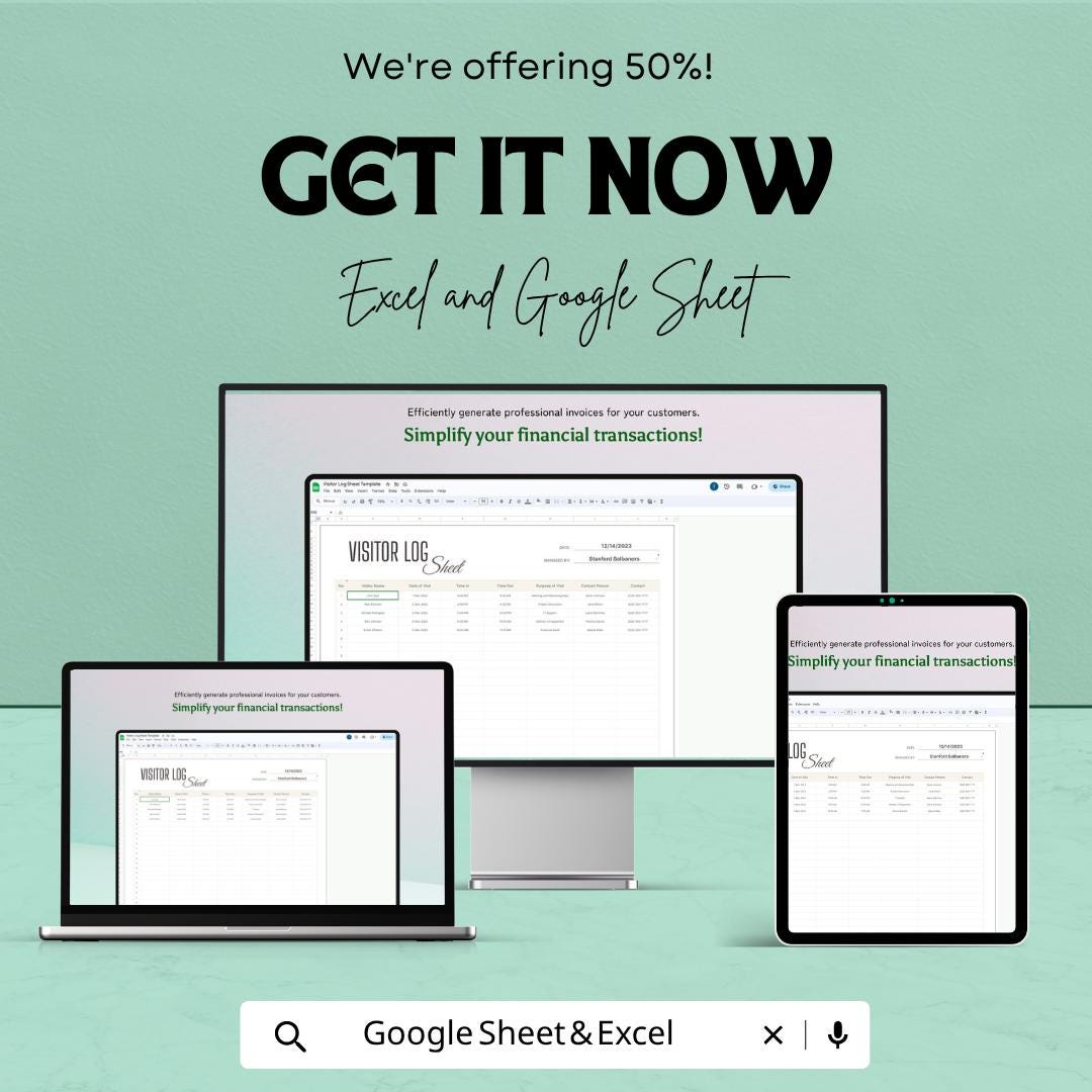 Visitor Log Sheet Template | Excel Visitor Sign In Sheet | Google Sheets Visitor Tracker | Reception Log Book | Office Visitor Register |