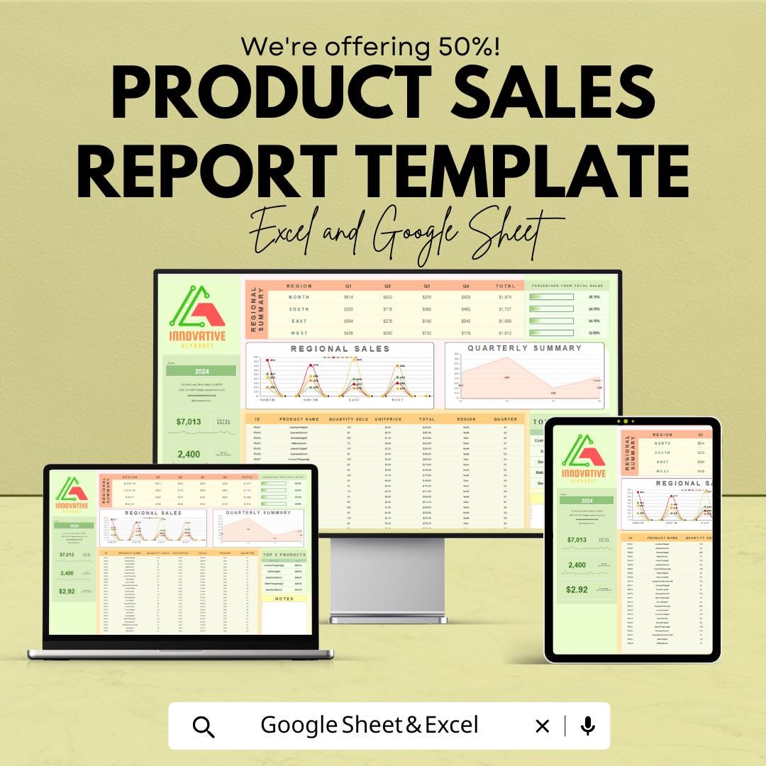 Product Sales Report Template | Sales Dashboard Spreadsheet | Revenue and Units Sold Tracker | Business Sales Analysis Template