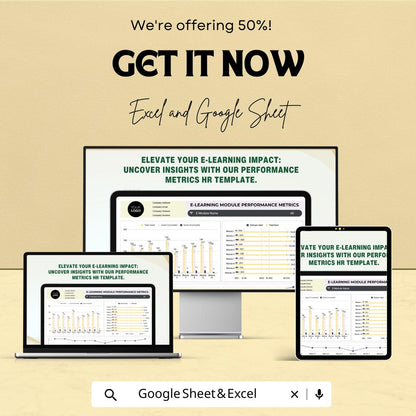 E-Learning Module Performance Metrics HR Template | Training Evaluation Dashboard | LMS Analytics Spreadsheet | Excel & Google Sheets