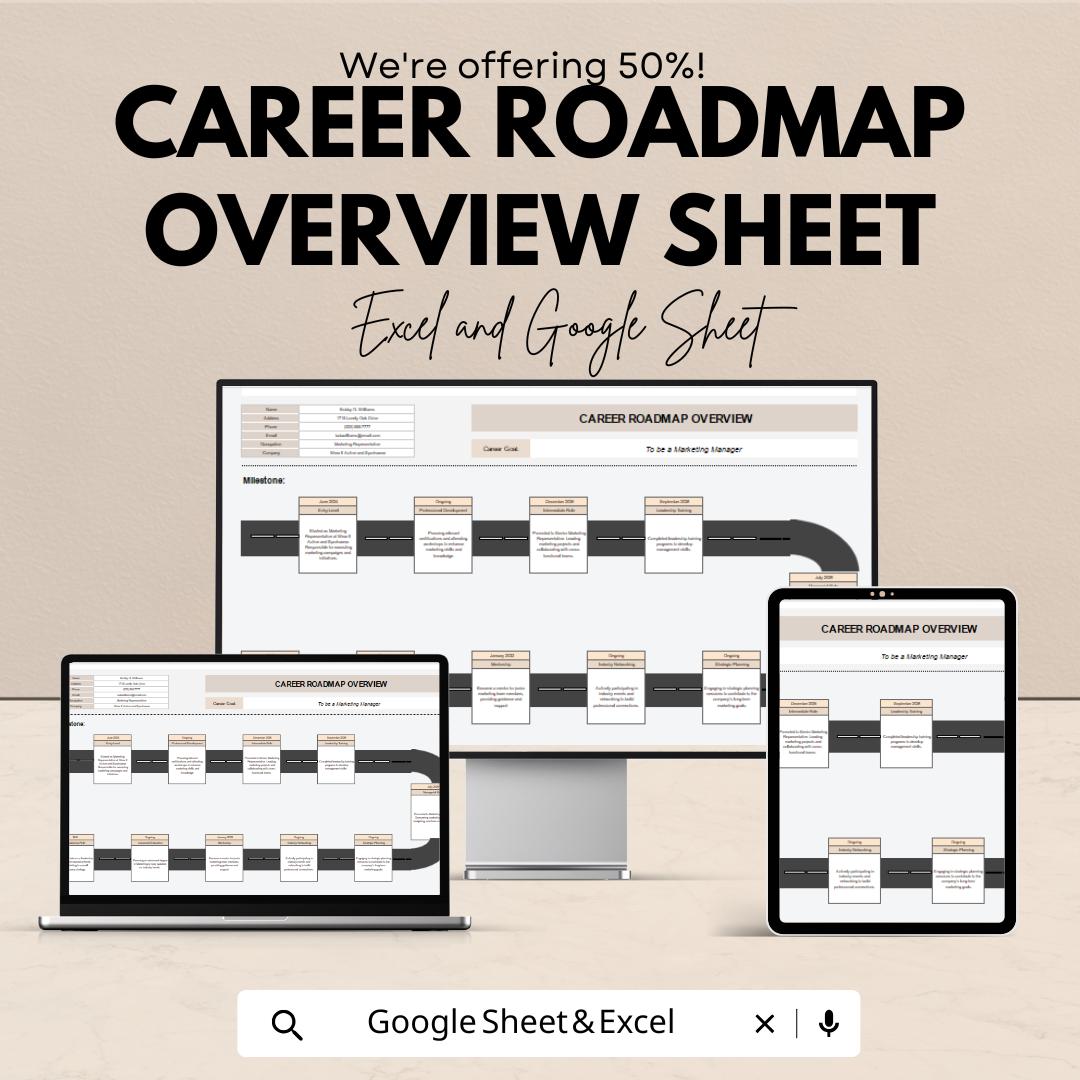 Career Roadmap Overview Sheet - Excel & Google Sheets Template for Career Planning, Goal Setting, and Milestone Tracking - 50% Off