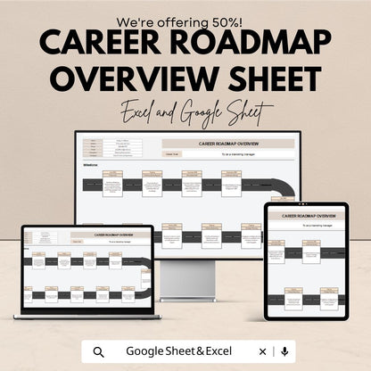 Career Roadmap Overview Sheet - Excel & Google Sheets Template for Career Planning, Goal Setting, and Milestone Tracking - 50% Off