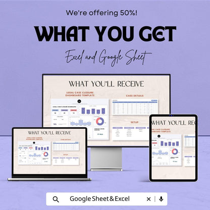 Legal Case Closure Dashboard Sheet | Google Sheets & Excel Template | Legal Case Management Tool | Track and analyze Legal Cases |