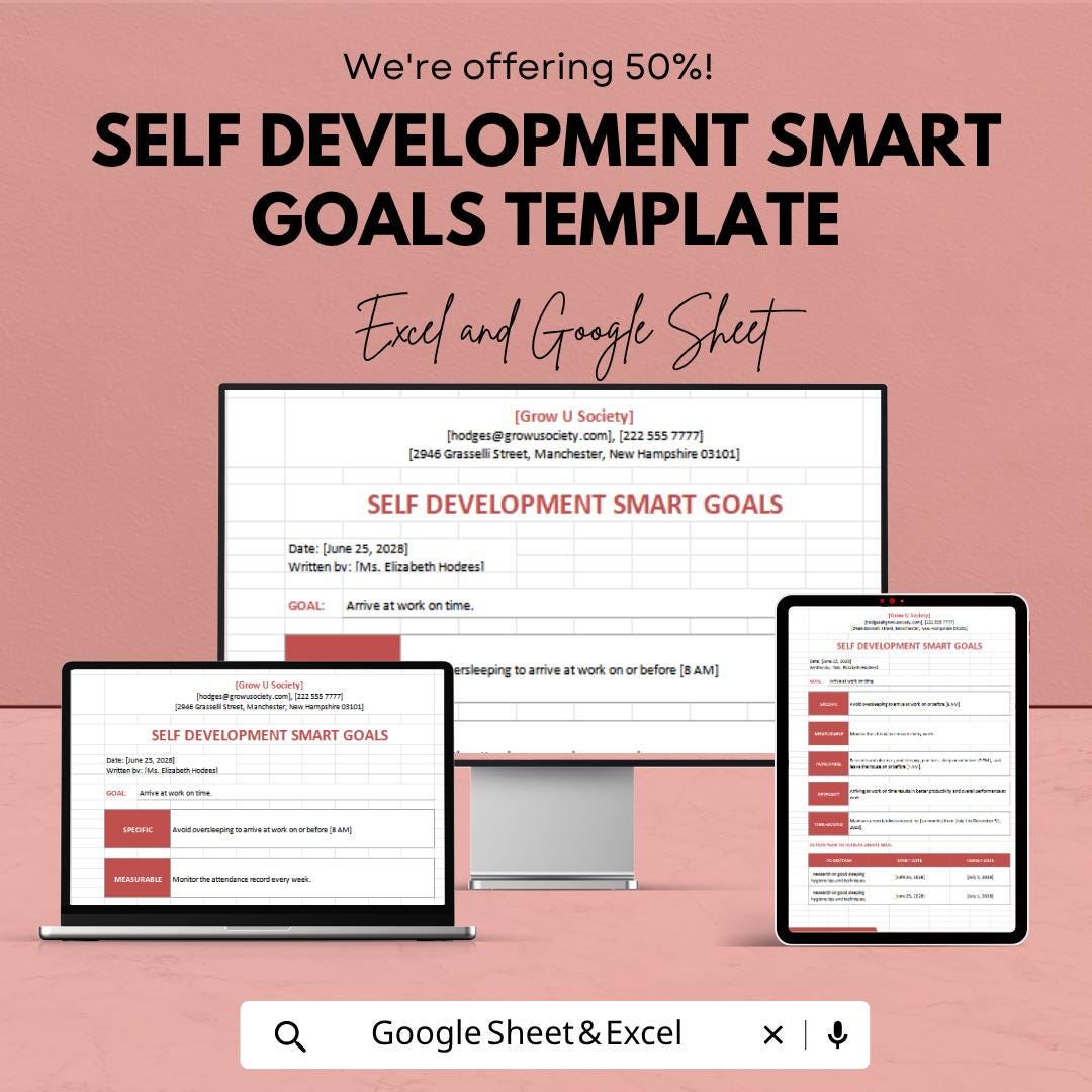 SMART Goals Template Excel & Google Sheets | Self Development Planner | Goal Setting Worksheet | Productivity Tracker | Personal Growth