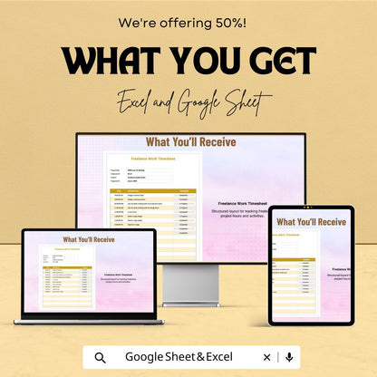 Freelance Work Timesheet Template - Excel and Google Sheet | Track Your Hours & Tasks | Time Management for Freelancers