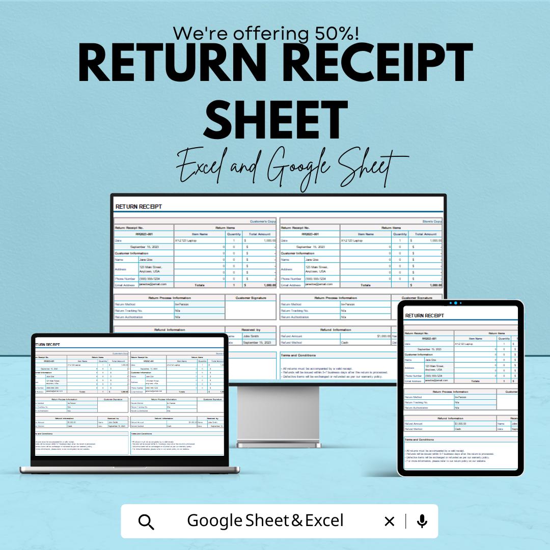 Return Receipt Template - Seamless Return Management for Excel and Google Sheets | Detailed, Customizable & Easy-to-Use | Instant Download