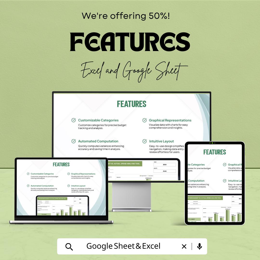 Advertising Budget vs Actual Spend Analysis Tool Template | Google Sheets | Marketing Budget Tracker | Ad Spend Analysis Spreadsheet |