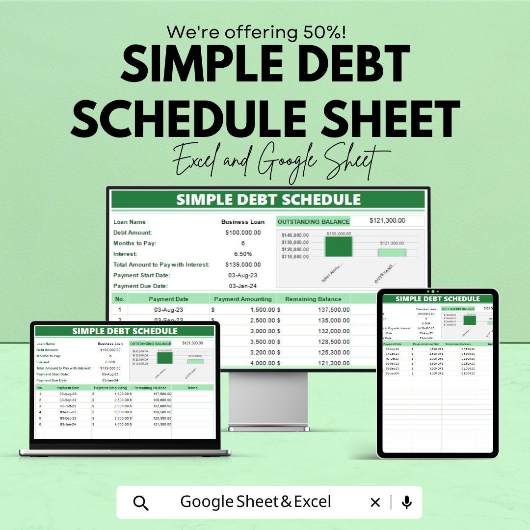 Simple Debt Schedule Sheet | Excel & Google Sheets Template | Loan Payment Tracker